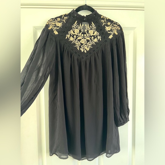 River Island black embroidered smock mini dress festival boho hippy Ibiza sz 8 - Picture 13 of 15